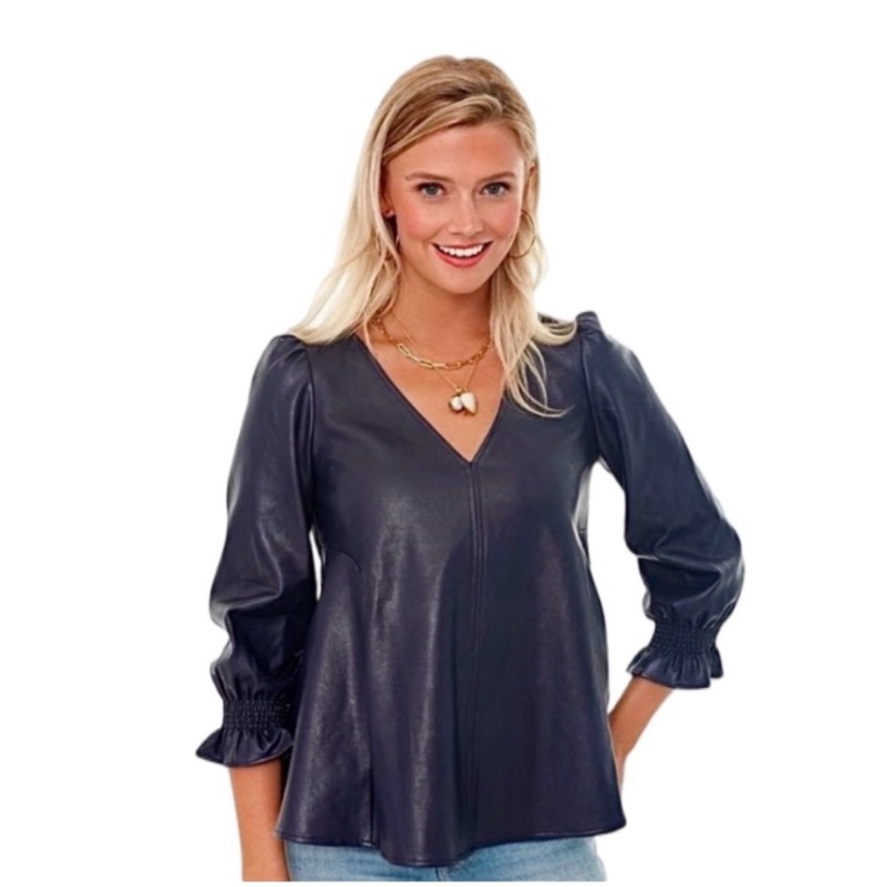 Tuckernuck Blue Faux Leather Top with Puff Sleeves